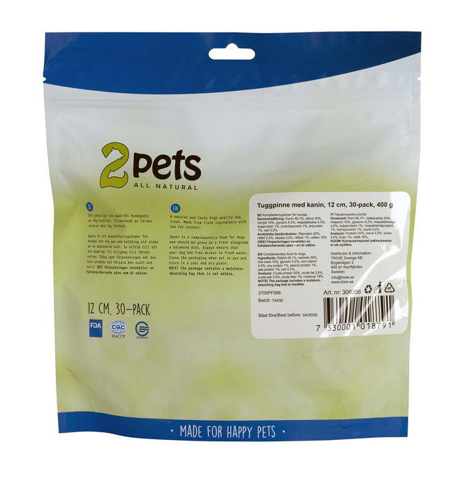 2pets - tuggpinne mald hund kanin 12cm 30-pack 400g - hundgodis