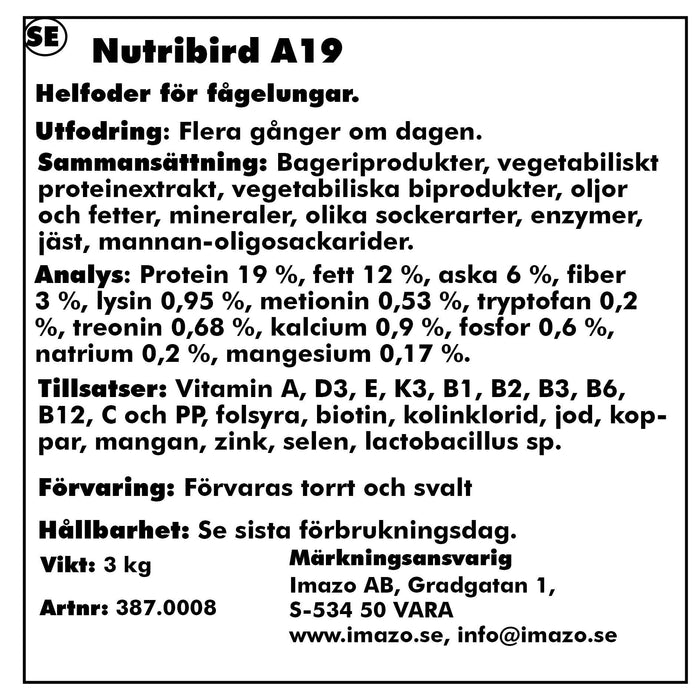 Nutribird - handuppmatning a19 3kg 19% protein ara & grå jako