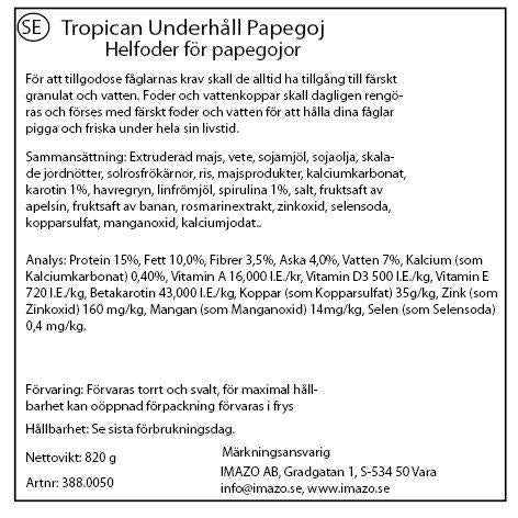 Tropican - underhåll 820gr papegoj