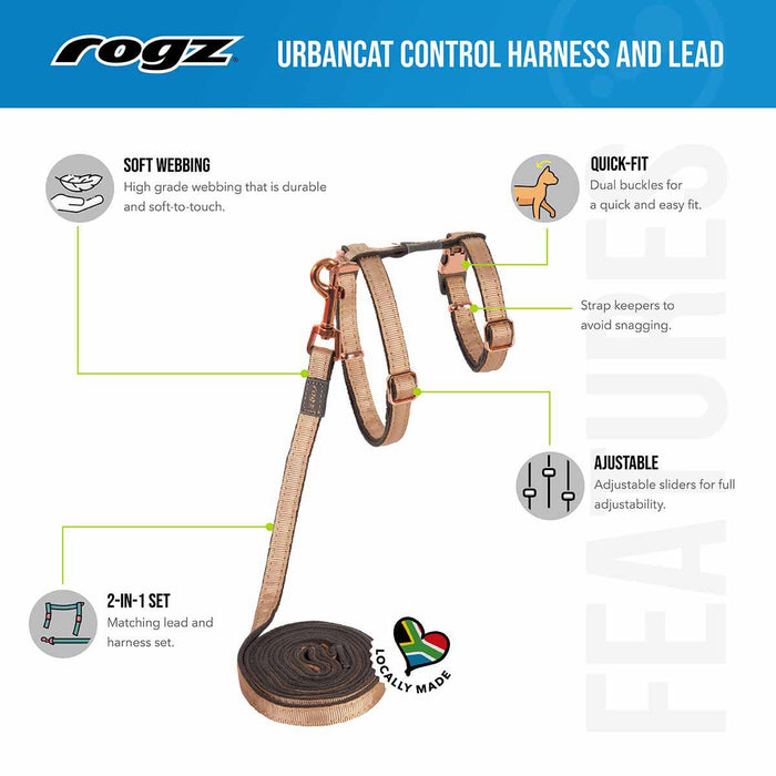 Rogz - urbancat sele med koppel guld 11mm 24-40cm