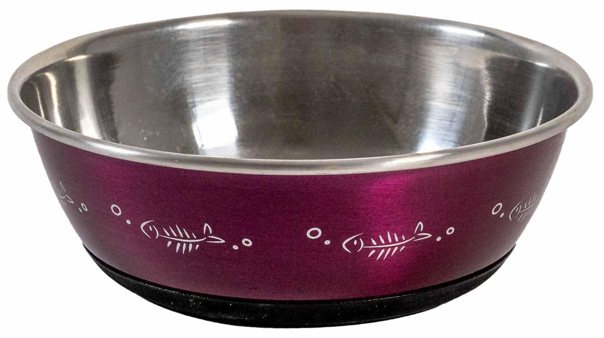 Ozami - kattskål rostfri antislip lila med fiskar 350ml 12,5cm