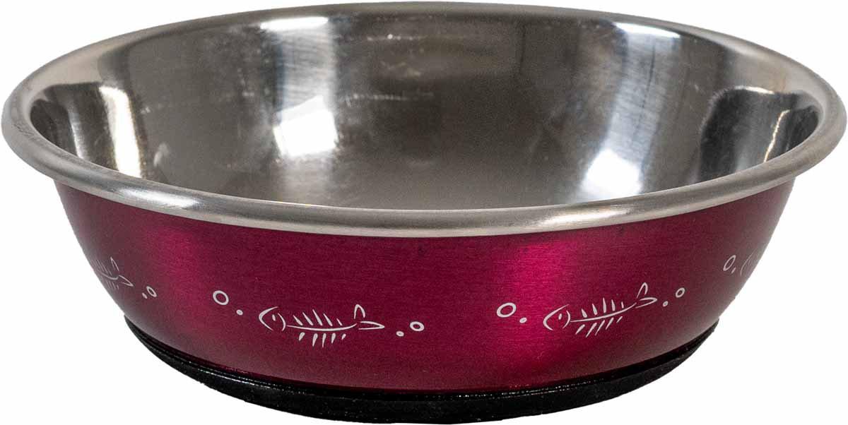 Ozami - kattskål rostfri antislip rosa med fiskar 350ml 12,5cm